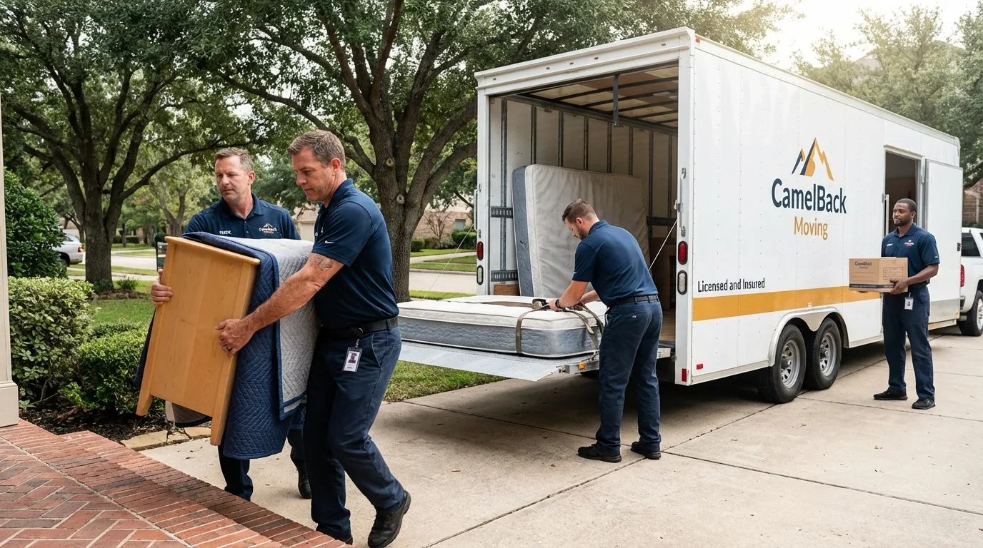 Crew loading residential truck for cross-state move from Saint Charles, MI