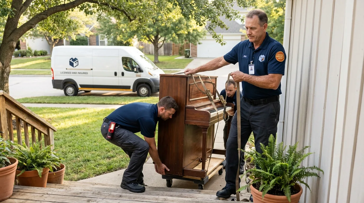 Licensed piano movers securing grand piano in Saint Charles, MI