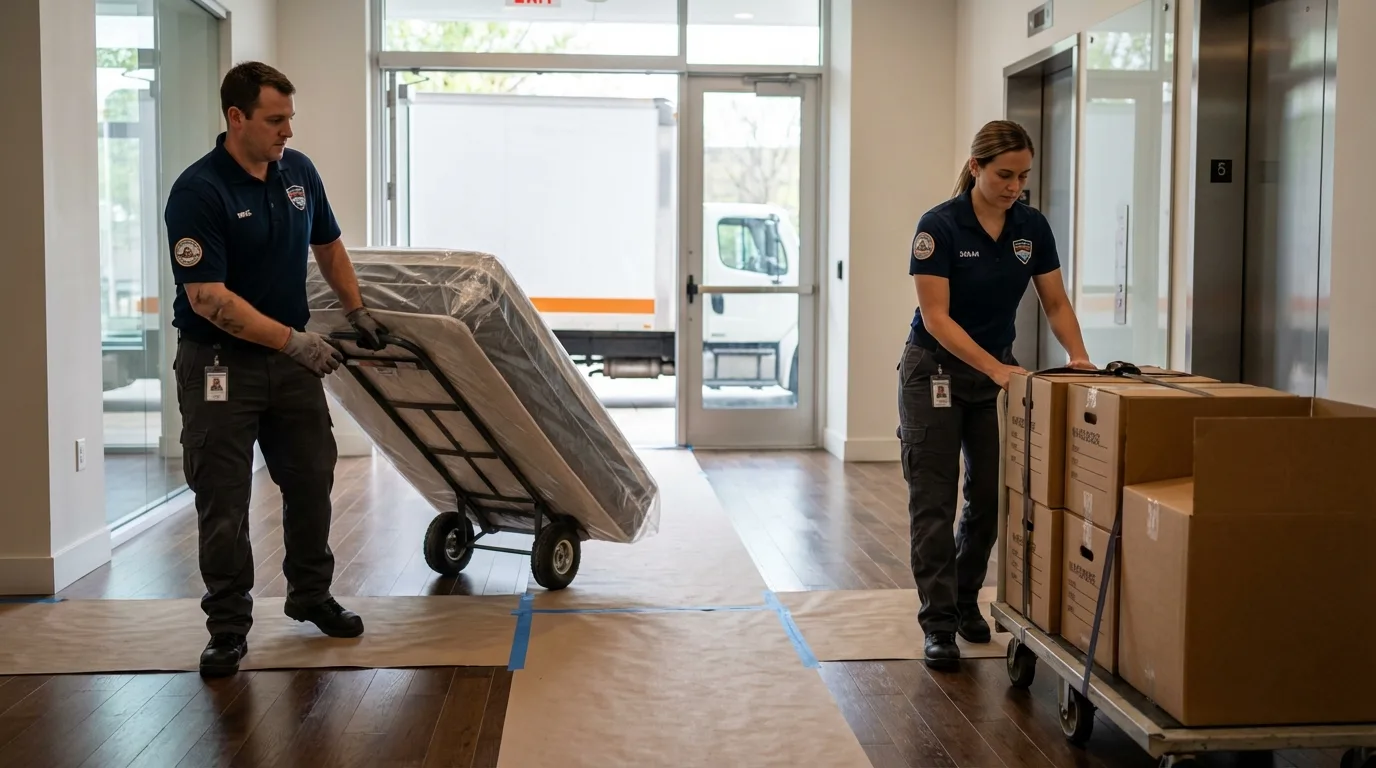 Professional apartment movers loading elevator in Saint Charles, MI